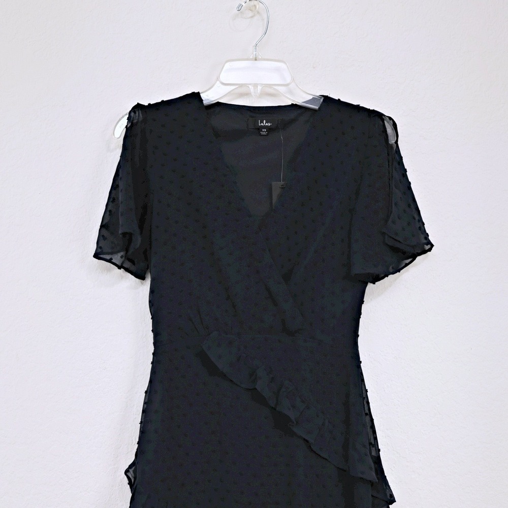 NWT Lulus Next To You Swiss Dot Ruffle Surplice Slit V-Neck Midi‎ Dress Navy XS - Picture 5 of 15